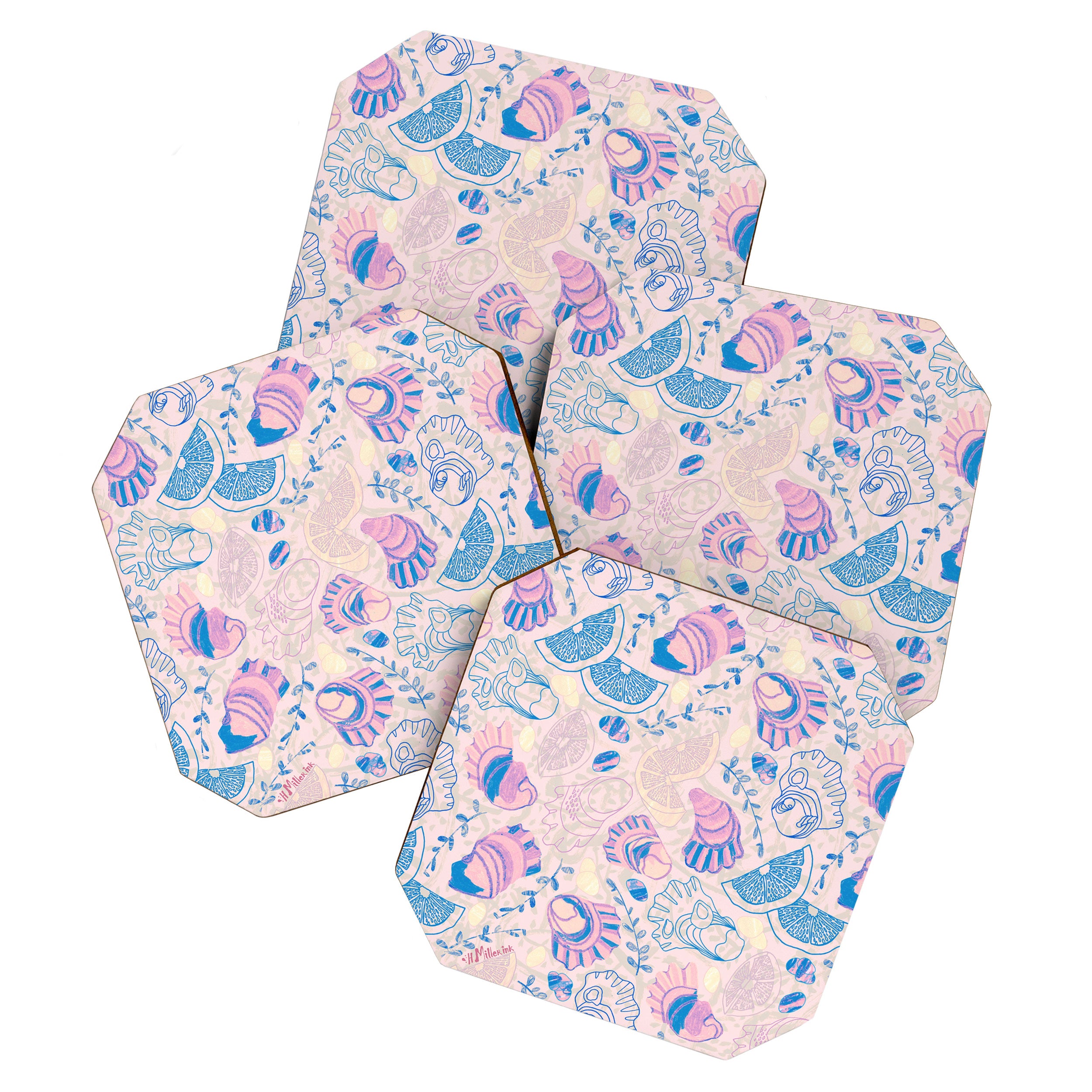 Coastal Oysters on the Beach in Pastel Pink & Blue Coaster Gallery Image 1