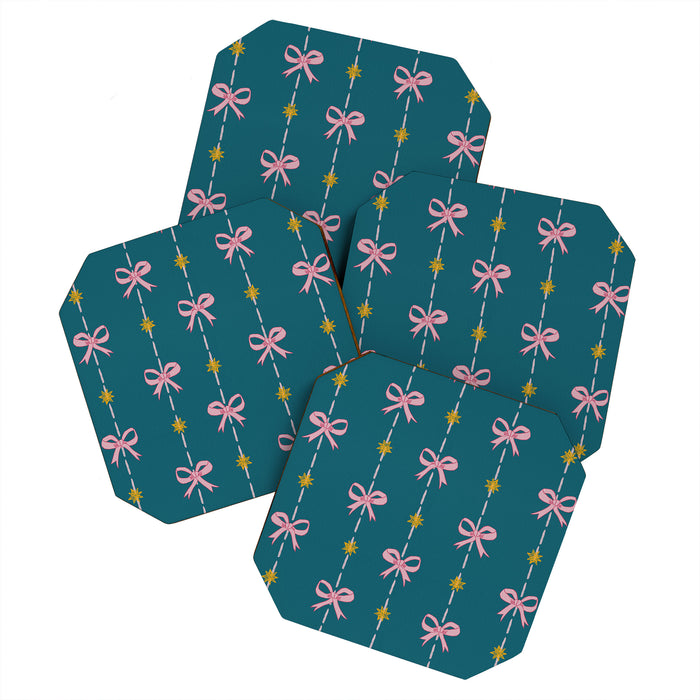 Cute Hair Bows & Stars in Teal & Pink Coaster Gallery Image 1