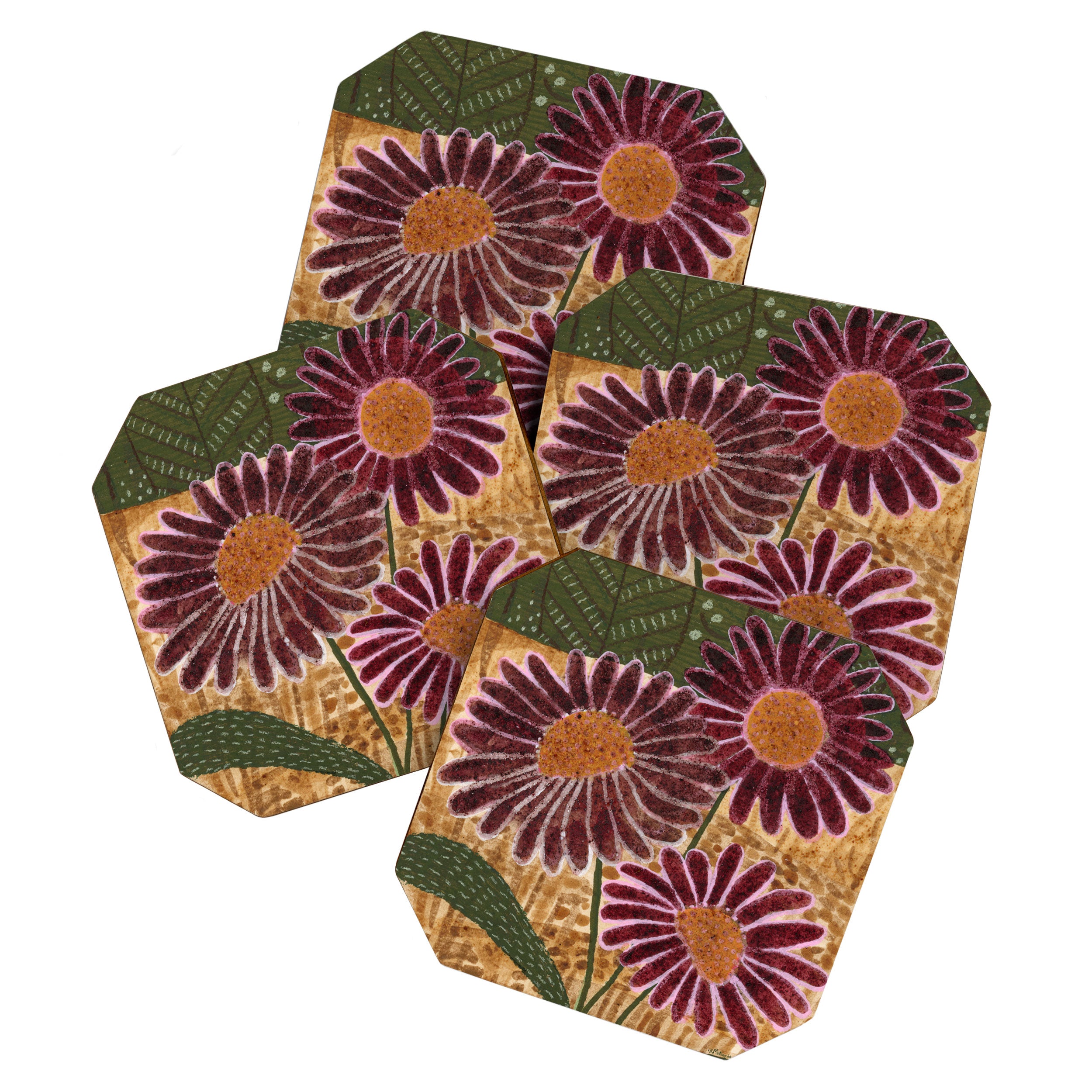 Daisies in Country Field Painting in Burgundy Red Coaster Gallery Image 1