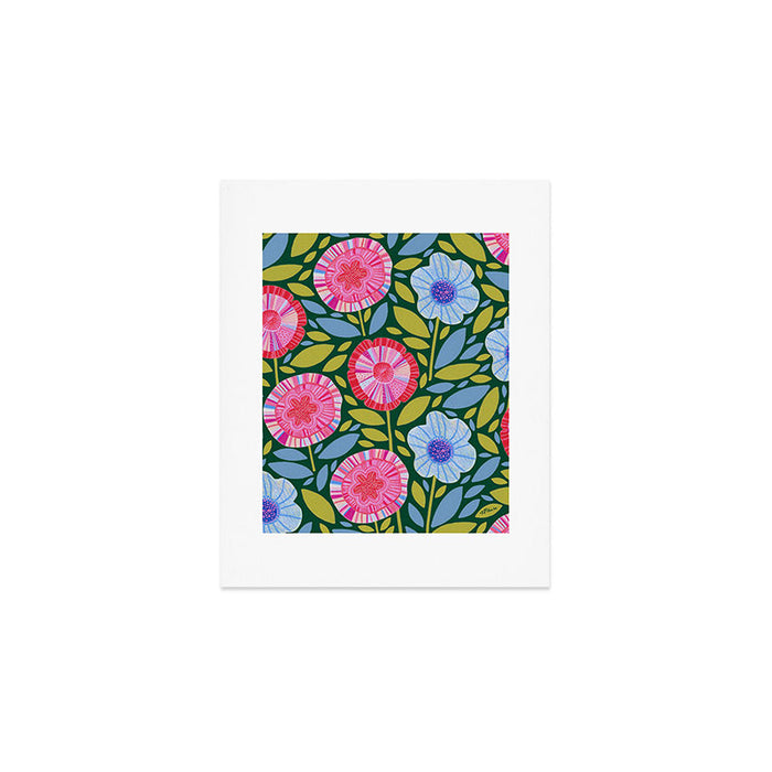 Folk Floral Blossoms in Forest Green Art Print Gallery Image 1