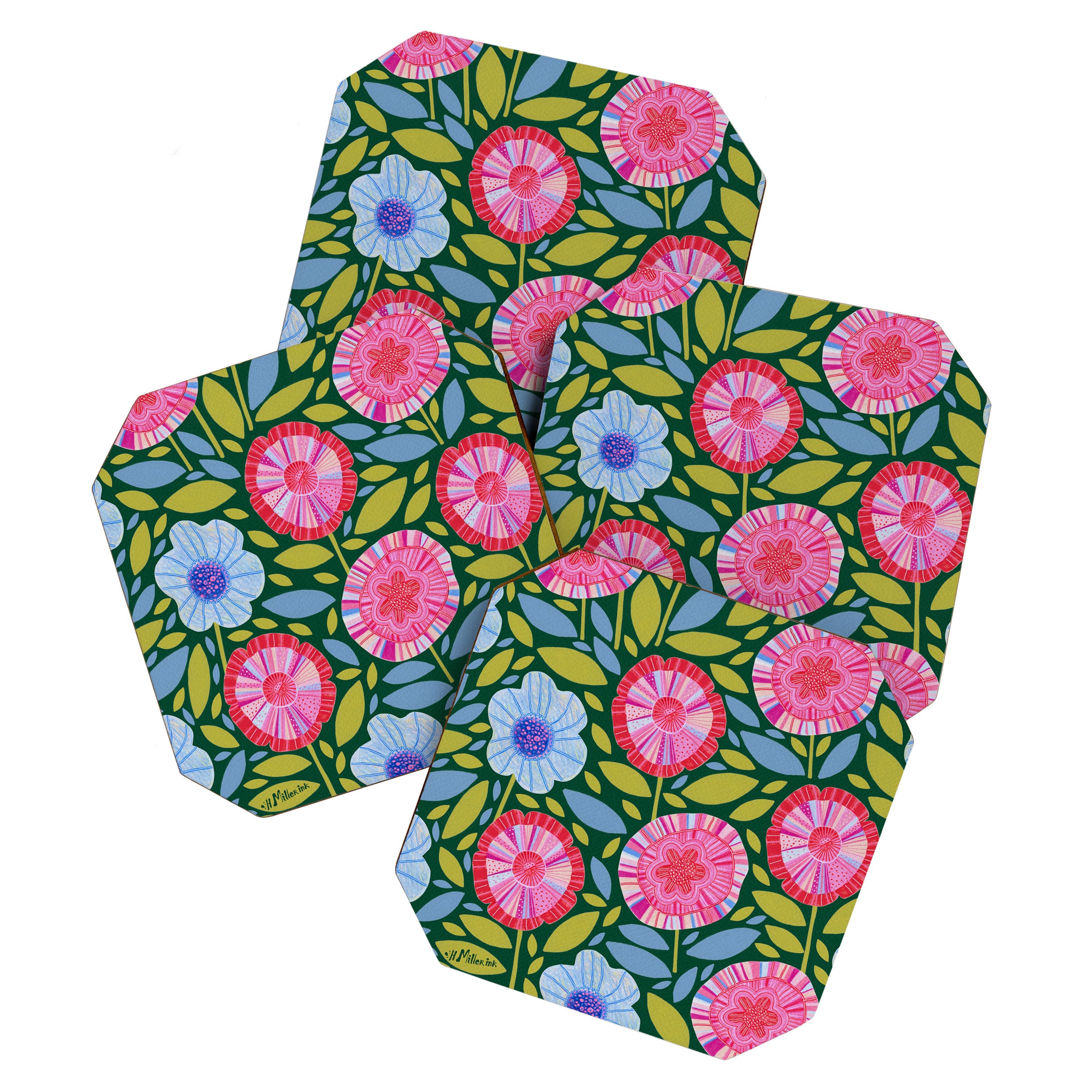 Folk Floral Blossoms in Forest Green Coaster Gallery Image 1