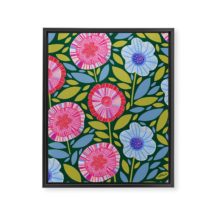 Folk Floral Blossoms in Forest Green Framed Canvas Print Gallery Image 1