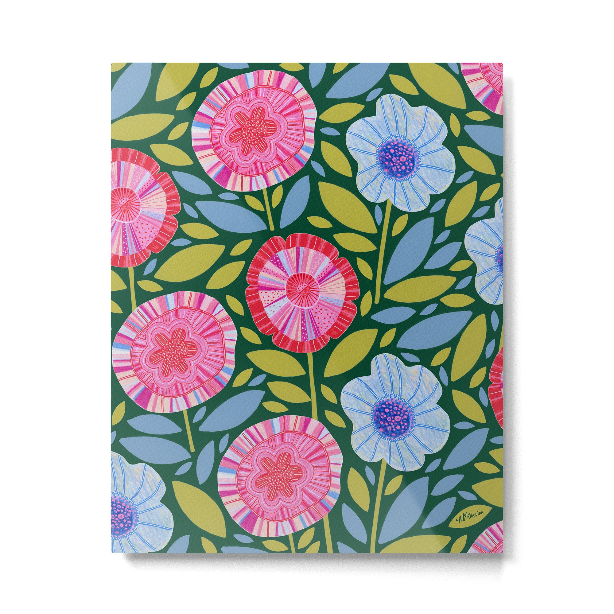 Folk Floral Blossoms in Forest Green Metal Print Gallery Image 4