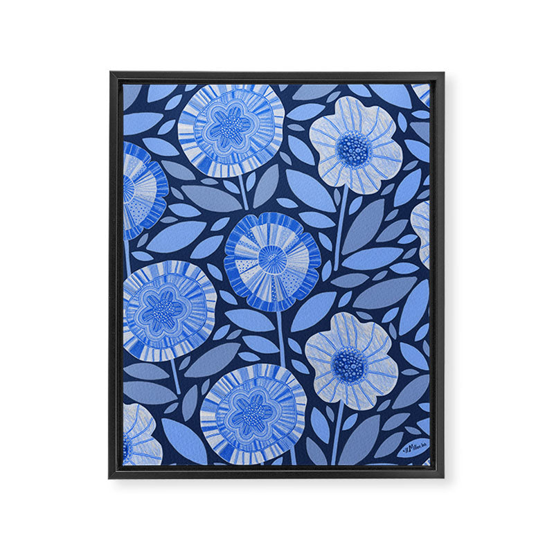 Folk Floral Blossoms in Midnight Blue Framed Canvas Print Gallery Image 3