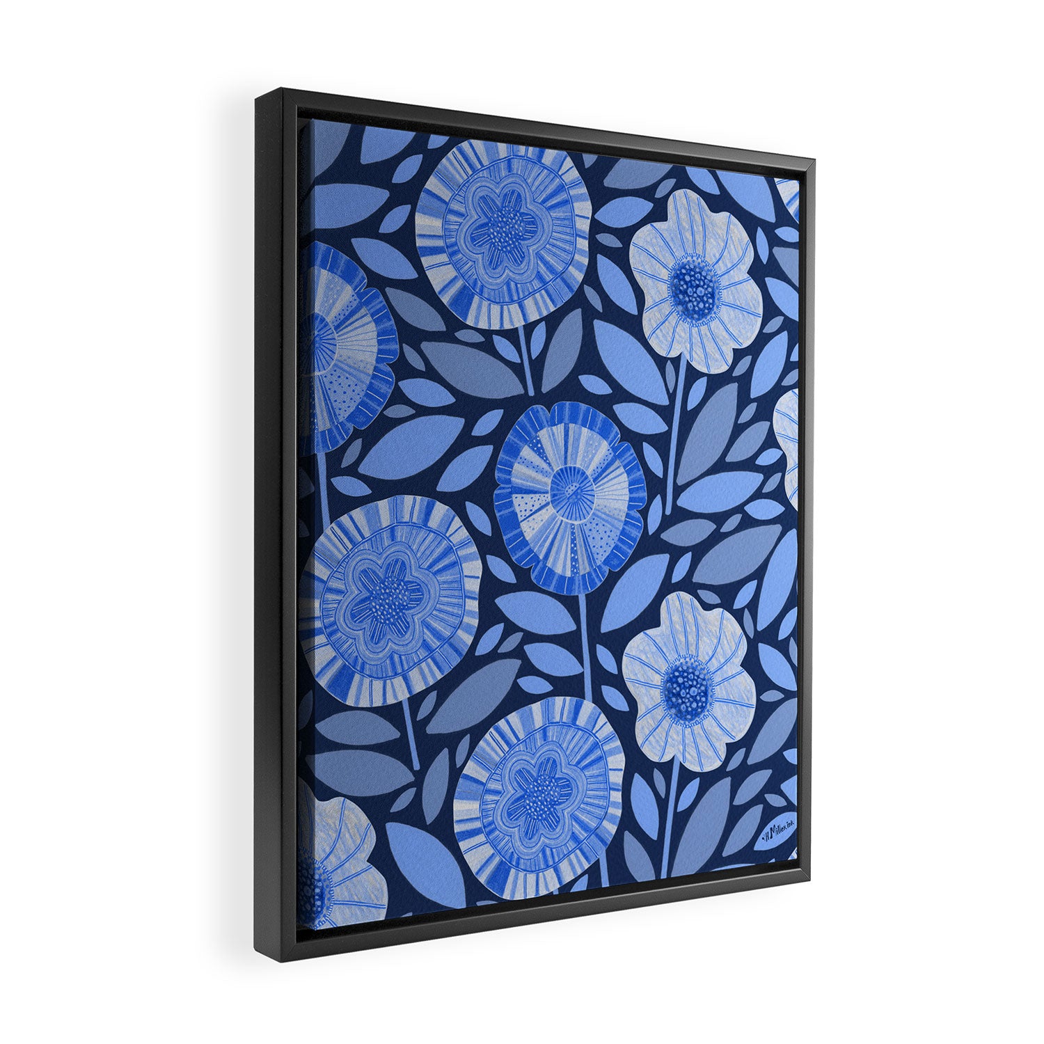 Folk Floral Blossoms in Midnight Blue Framed Canvas Print Gallery Image 2