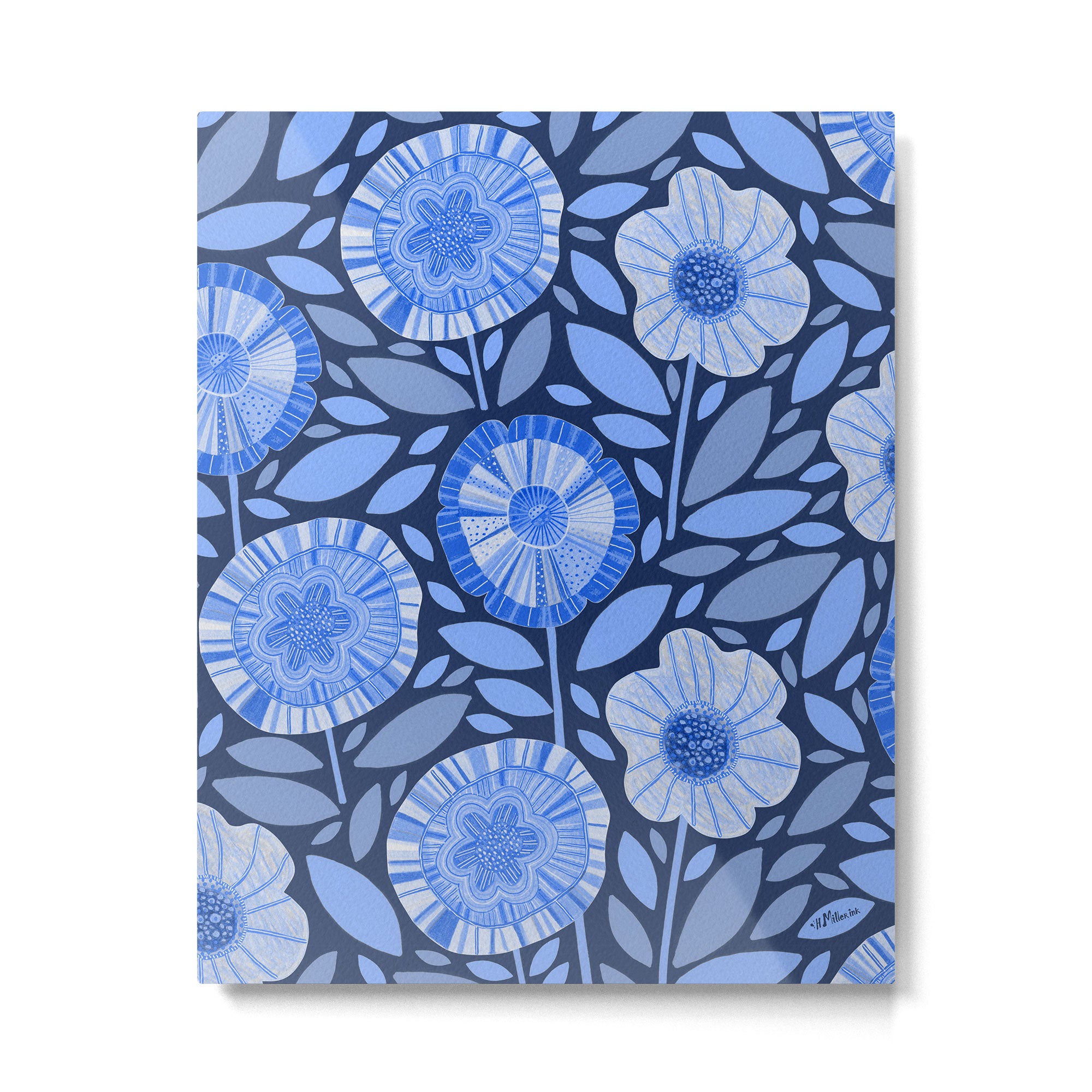 Folk Floral Blossoms in Midnight Blue Metal Print Gallery Image 4