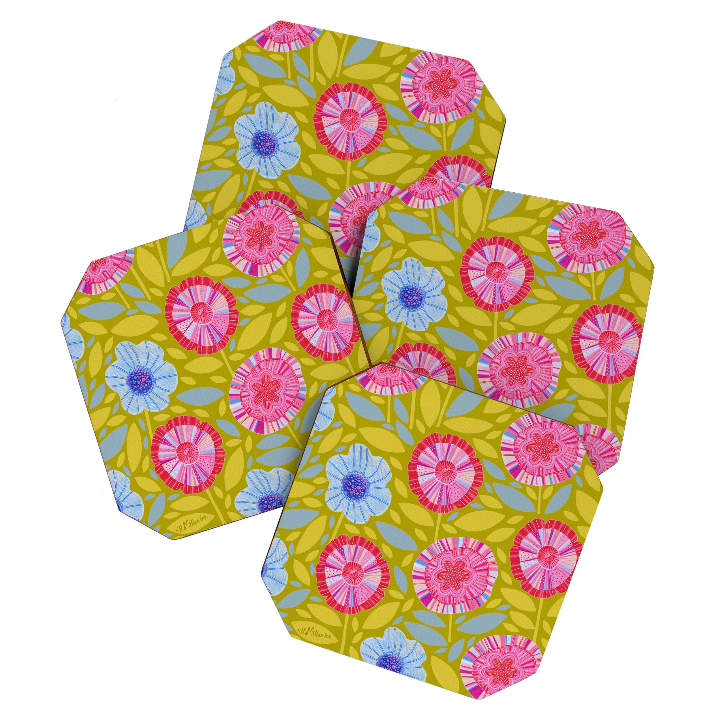 Folk Floral Blossoms in Moss Green Coaster Gallery Image 1