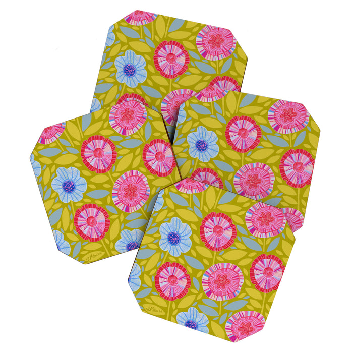 Folk Floral Blossoms in Moss Green Coaster Gallery Image 1