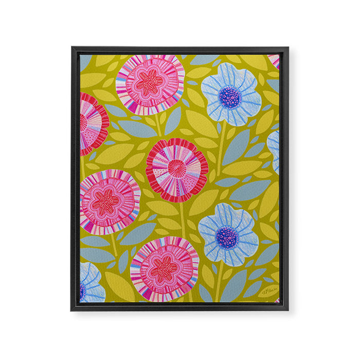 Folk Floral Blossoms in Moss Green Framed Canvas Print Gallery Image 1