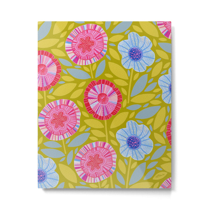 Folk Floral Blossoms in Moss Green Metal Print Gallery Image 1