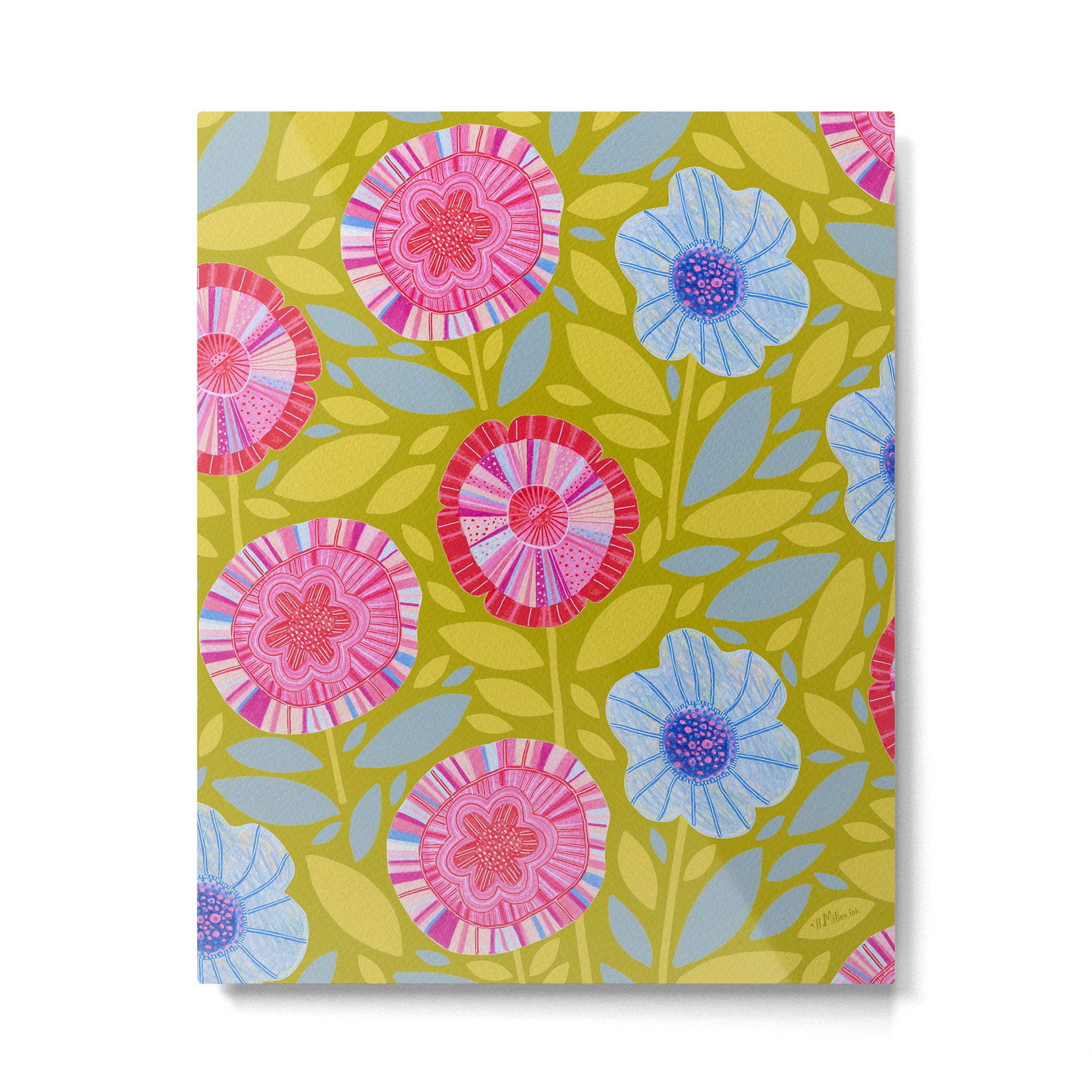 Folk Floral Blossoms in Moss Green Metal Print Gallery Image 4