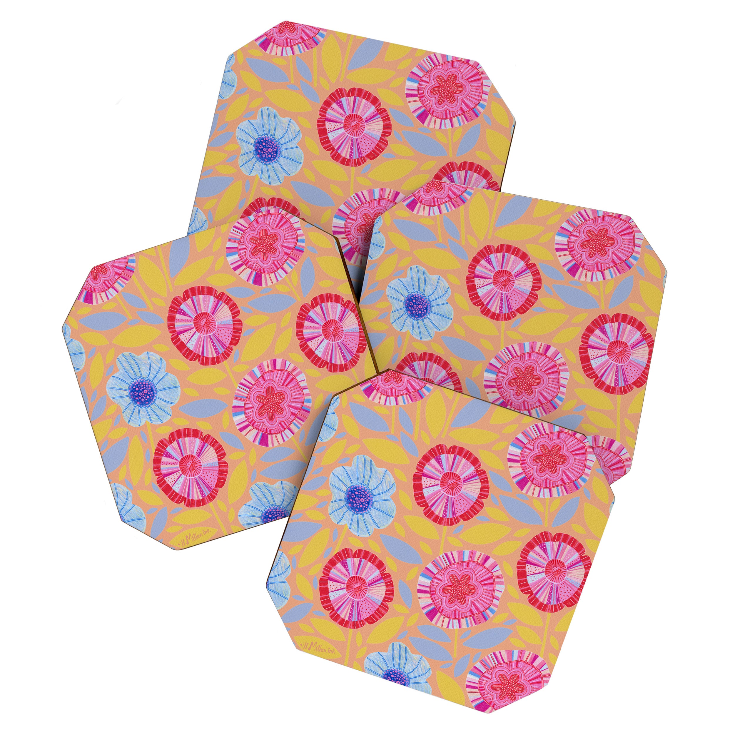 Folk Floral Blossoms in Pastel Pink Coaster Gallery Image 1