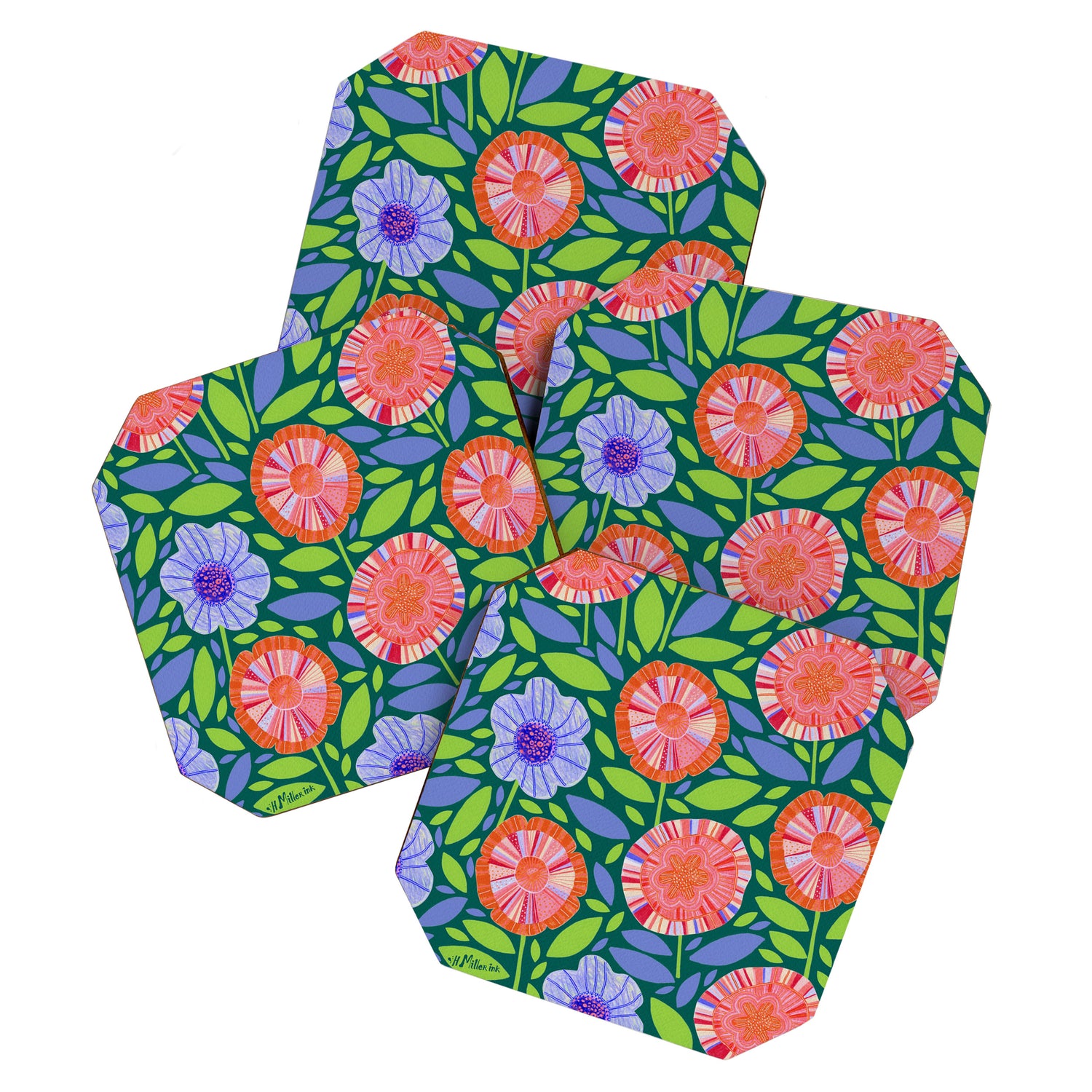 Folk Floral Blossoms in Turquoise Coaster Gallery Image 1