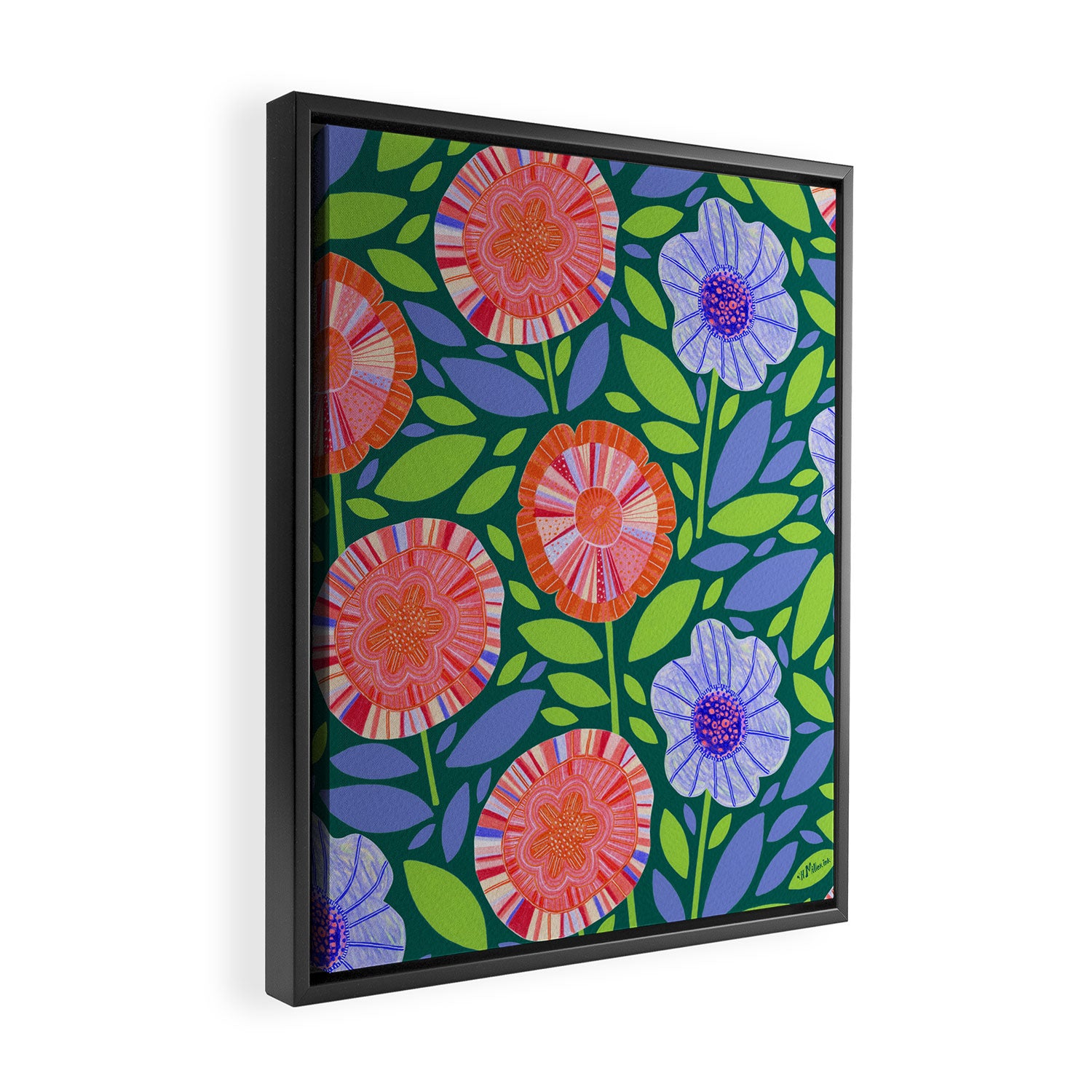 Folk Floral Blossoms in Turquoise Framed Canvas Print Gallery Image 2