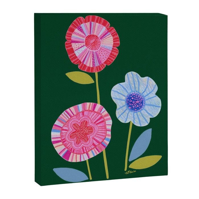 Folky Flowers in Bloom in Green & Pink Canvas Print Gallery Image 1