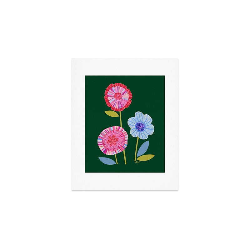 Folky Flowers in Bloom in Green & Pink Art Print Gallery Image 1