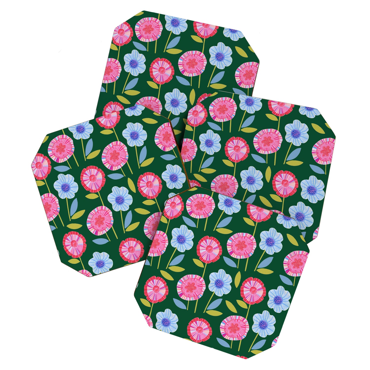 Folky Flowers in Bloom in Green & Pink Coaster Gallery Image 1