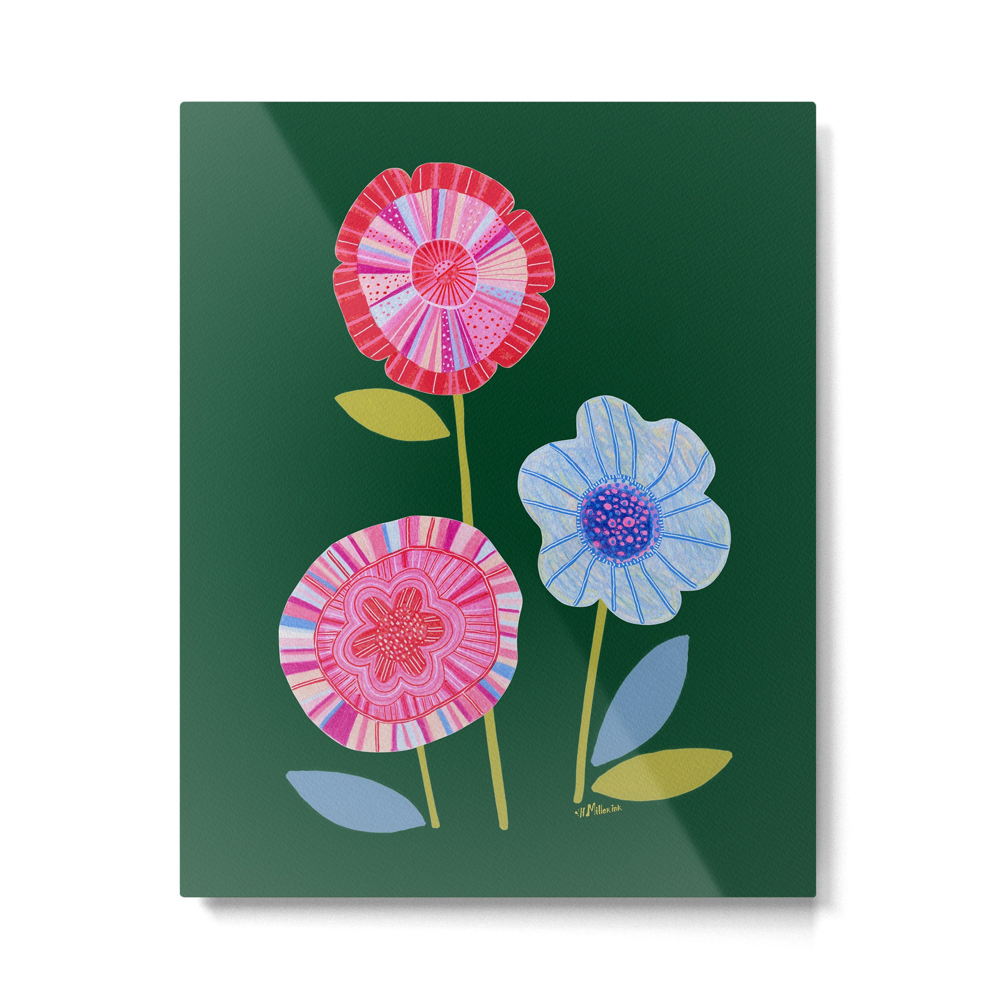 Folky Flowers in Bloom in Green & Pink Metal Print Gallery Image 4