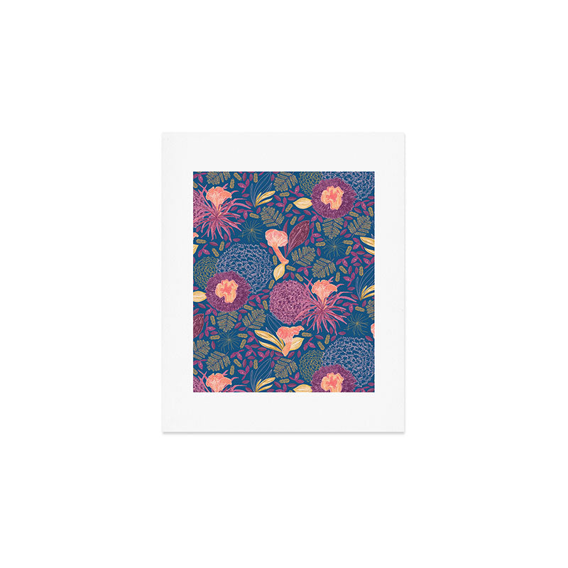 Forest Full of Wild Mushrooms in Navy Blue & Peach Art Print Gallery Image 1