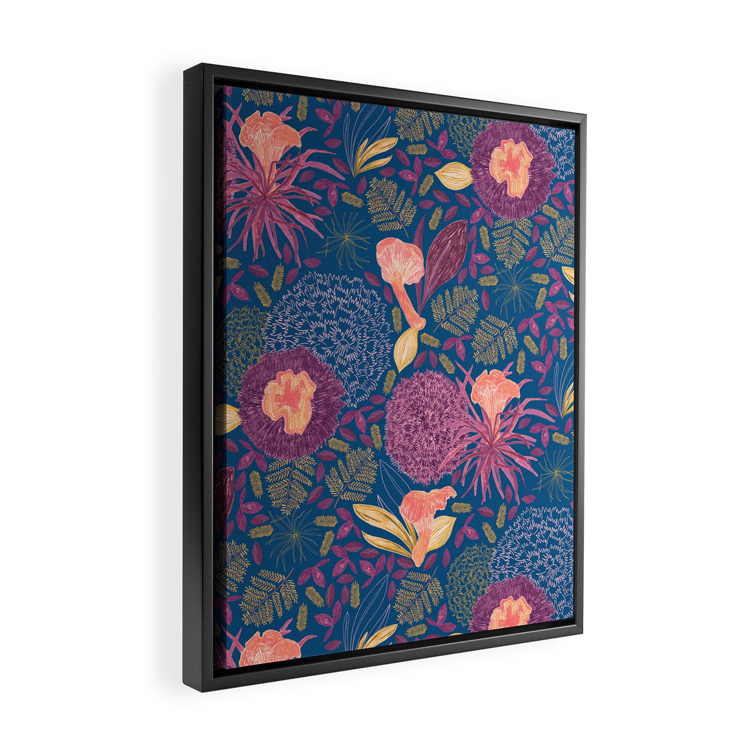 Forest Full of Wild Mushrooms in Navy Blue & Peach Framed Canvas Print Gallery Image 2
