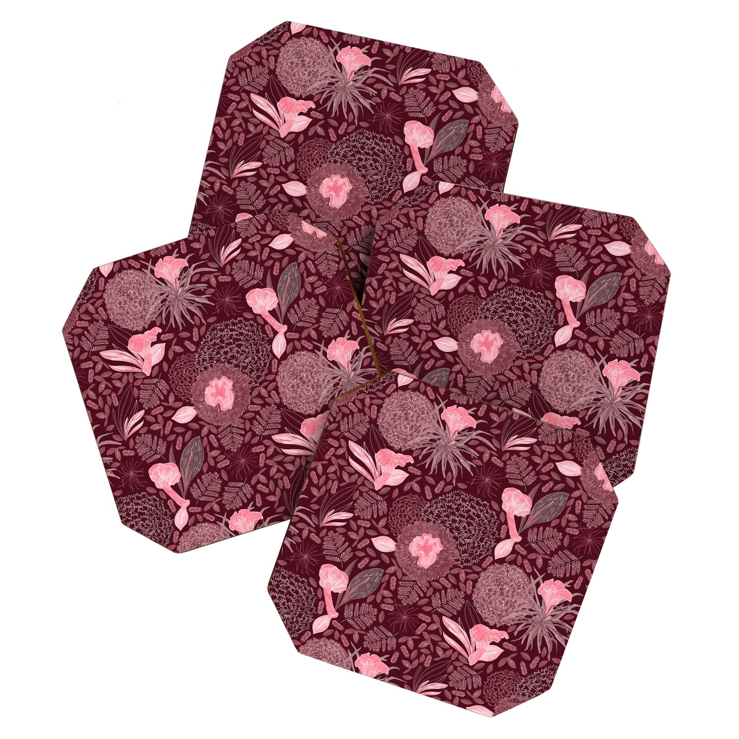 Forest Full of Wild Mushrooms in Burgundy & Peach Coaster Gallery Image 1