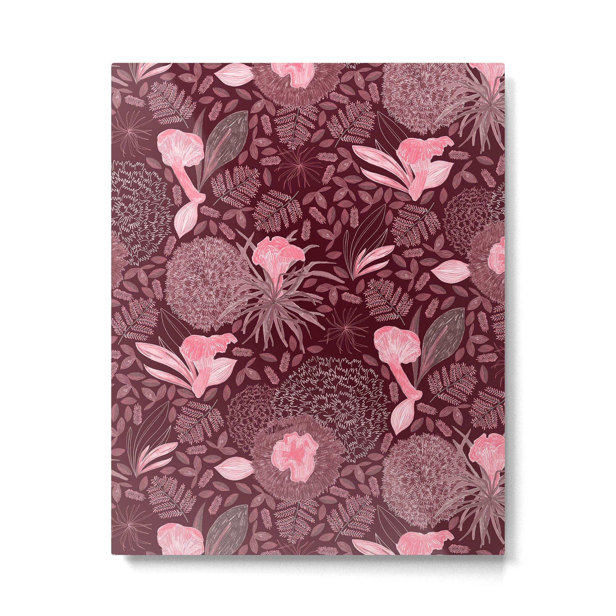 Forest Full of Wild Mushrooms in Burgundy & Peach Metal Print Gallery Image 4