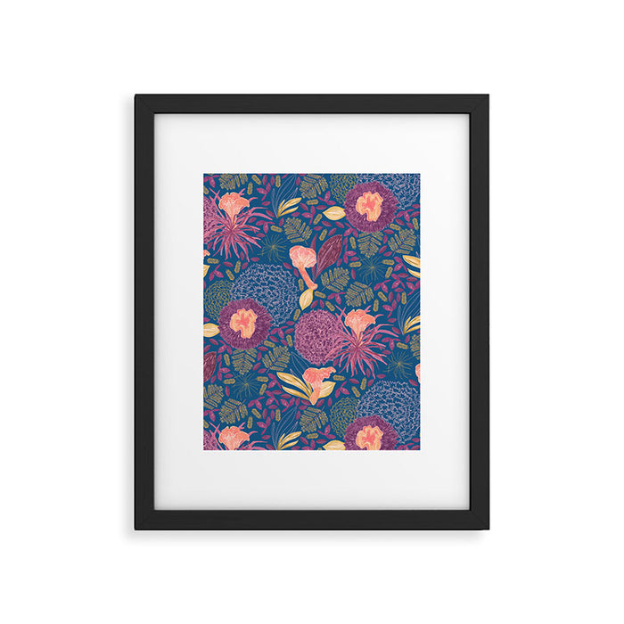 Forest Full of Wild Mushrooms in Navy Blue & Peach Framed Art Print Gallery Image 1