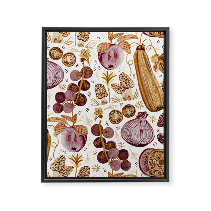 Garden Vegetables & Fresh Fruit in Ochre & Burgundy Framed Canvas Print Gallery Image 1
