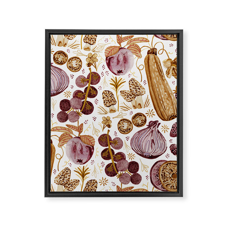 Garden Vegetables & Fresh Fruit in Ochre & Burgundy Framed Canvas Print Gallery Image 6
