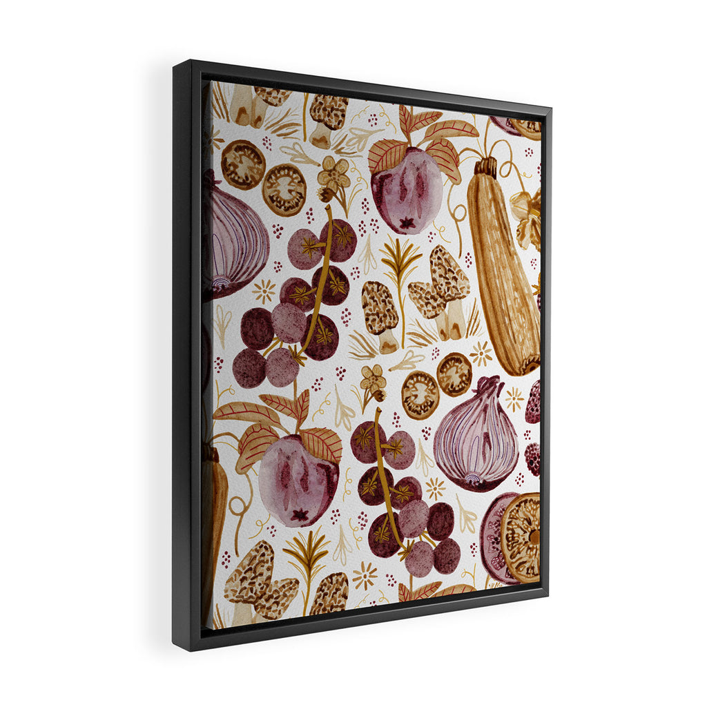Garden Vegetables & Fresh Fruit in Ochre & Burgundy Framed Canvas Print Gallery Image 2