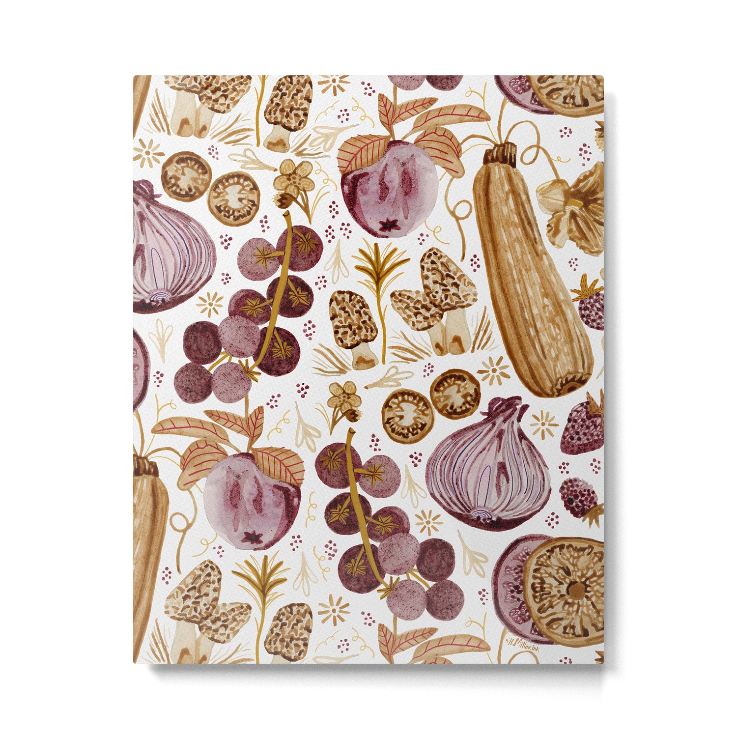 Garden Vegetables & Fresh Fruit in Ochre & Burgundy Metal Print Gallery Image 4
