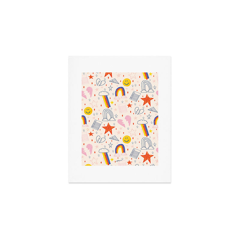 Happy Smiley Face & Retro Rainbows in Dusty Pink Art Print Gallery Image 1