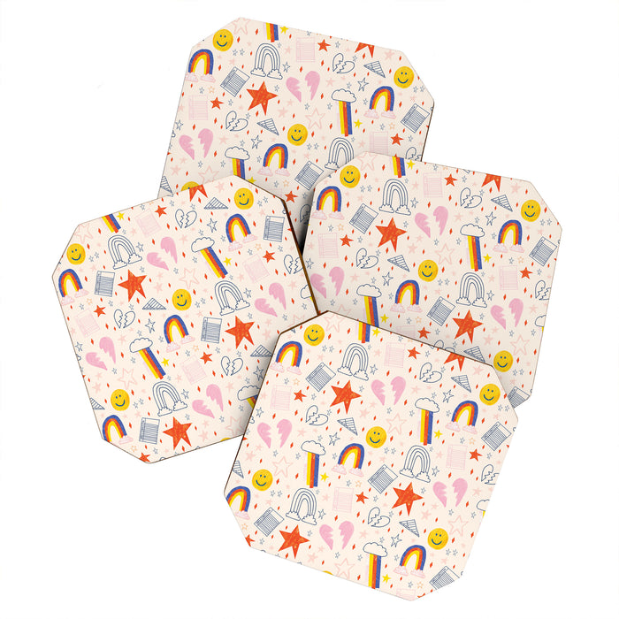 Happy Smiley Face & Retro Rainbows in Dusty Pink Coaster Gallery Image 1