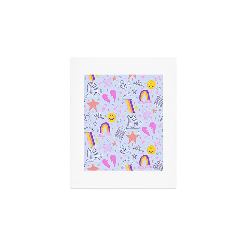 Happy Smiley Face & Retro Rainbows in Periwinkle & Pink Art Print Gallery Image 1