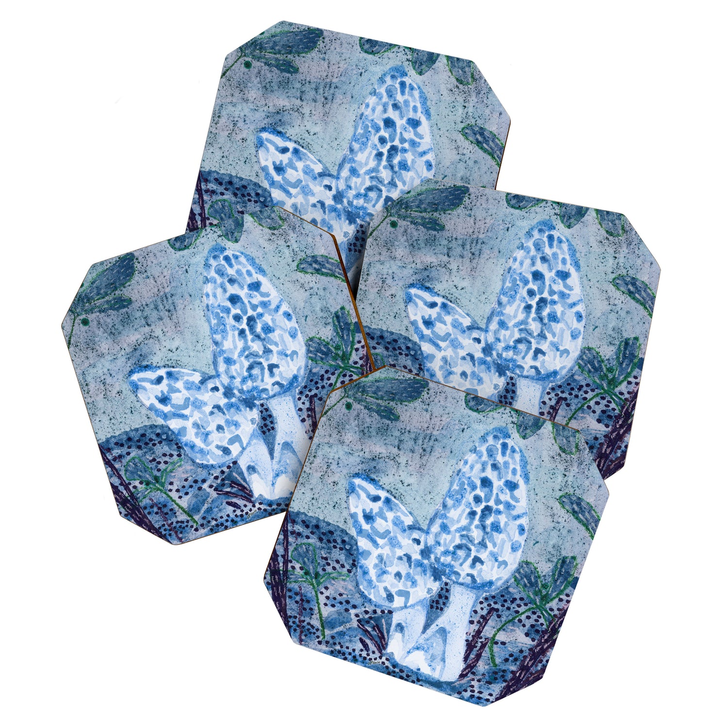 Little Morel Mushrooms in Blue Night Coaster Gallery Image 1