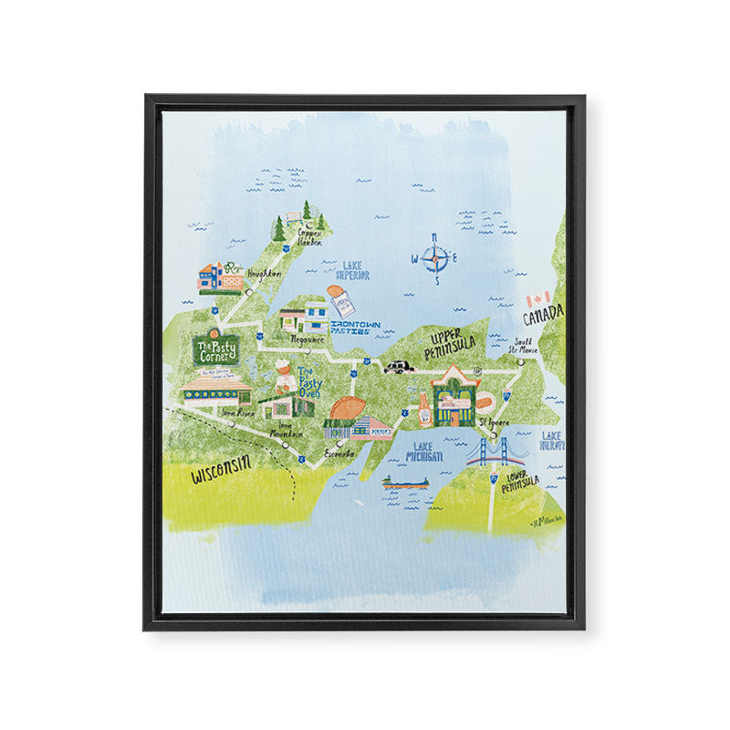 Map of Northern Michigan - Pasty Tour in Blue Framed Canvas Print Gallery Image 6