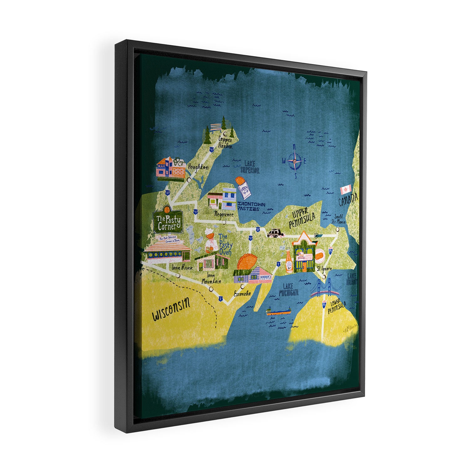 Map of Northern Michigan - Pasty Tour in Emerald Framed Canvas Print Gallery Image 2