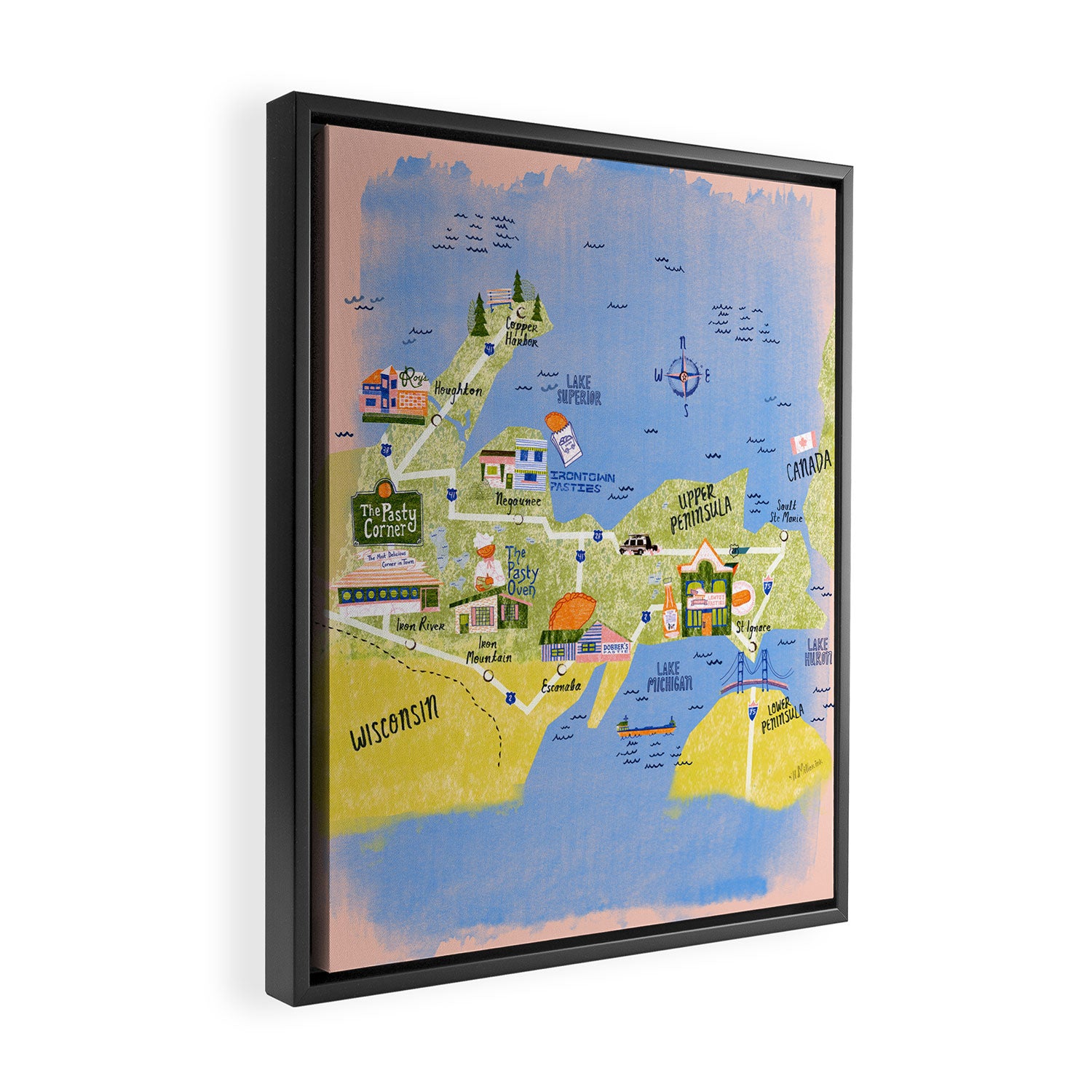 Map of Northern Michigan - Pasty Tour in Peach Framed Canvas Print Gallery Image 2