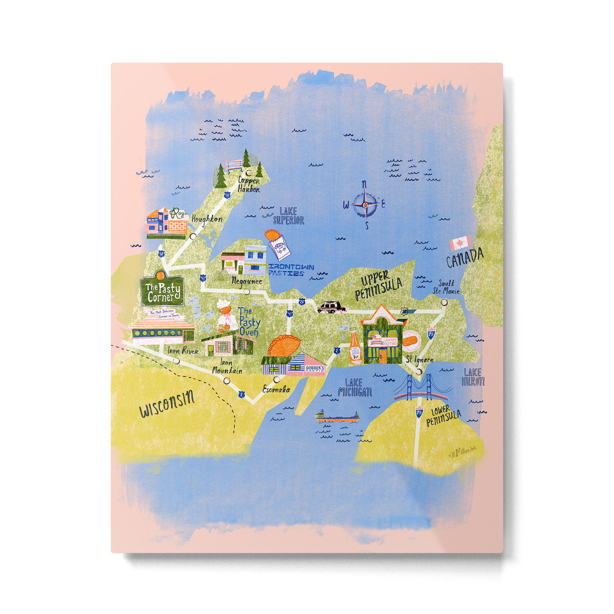 Map of Northern Michigan - Pasty Tour in Peach Metal Print Gallery Image 4