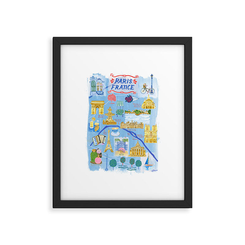 Paris France Map Illustration & Pattern in Blue Framed Art Print Gallery Image 4