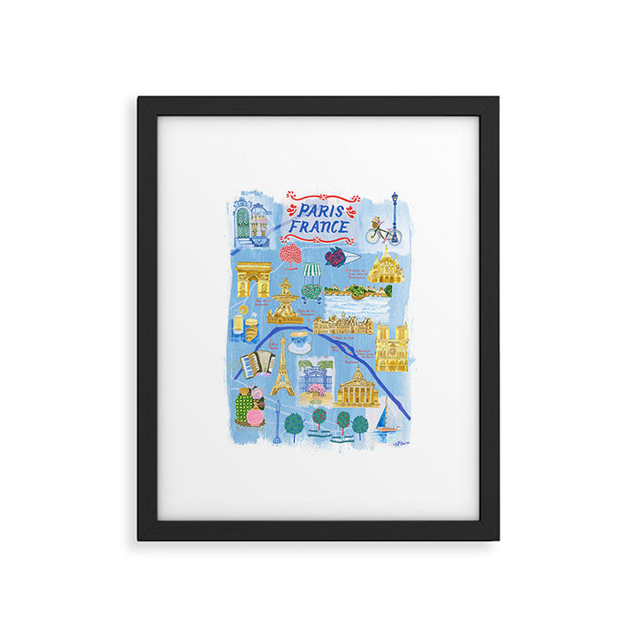 Paris France Map Illustration & Pattern in Blue Framed Art Print Gallery Image 1