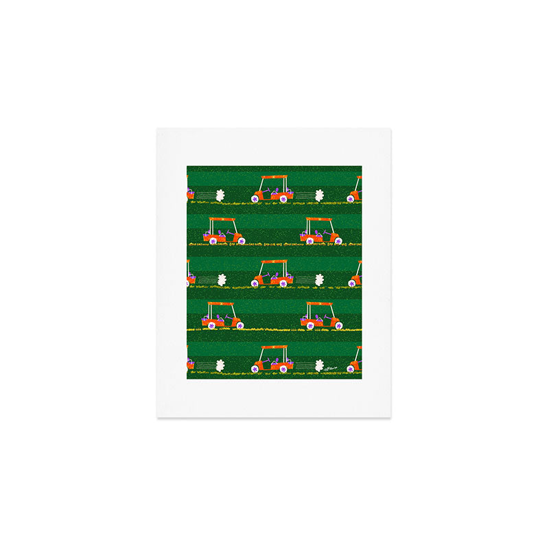 Retro Golf Cart Rides in Emerald Green & Orange Art Print Gallery Image 1