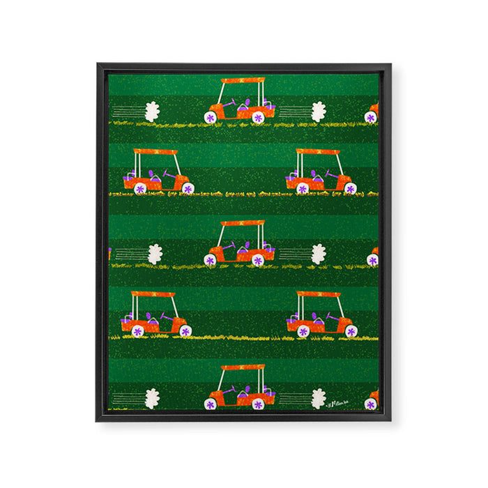 Retro Golf Cart Rides in Emerald Green & Orange Framed Canvas Print Gallery Image 1