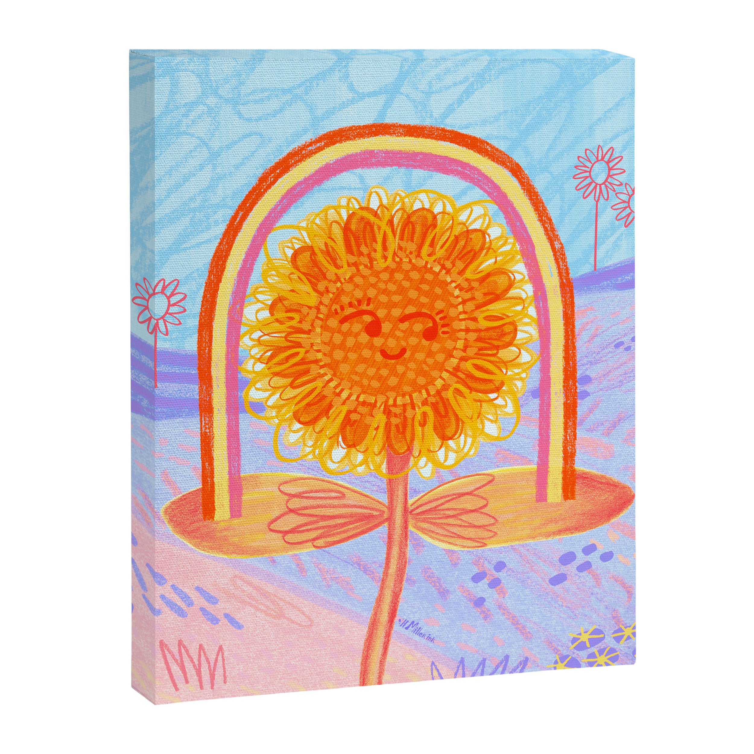 Retro Sunflower & Rainbow in Blue & Pink Canvas Print Gallery Image 6