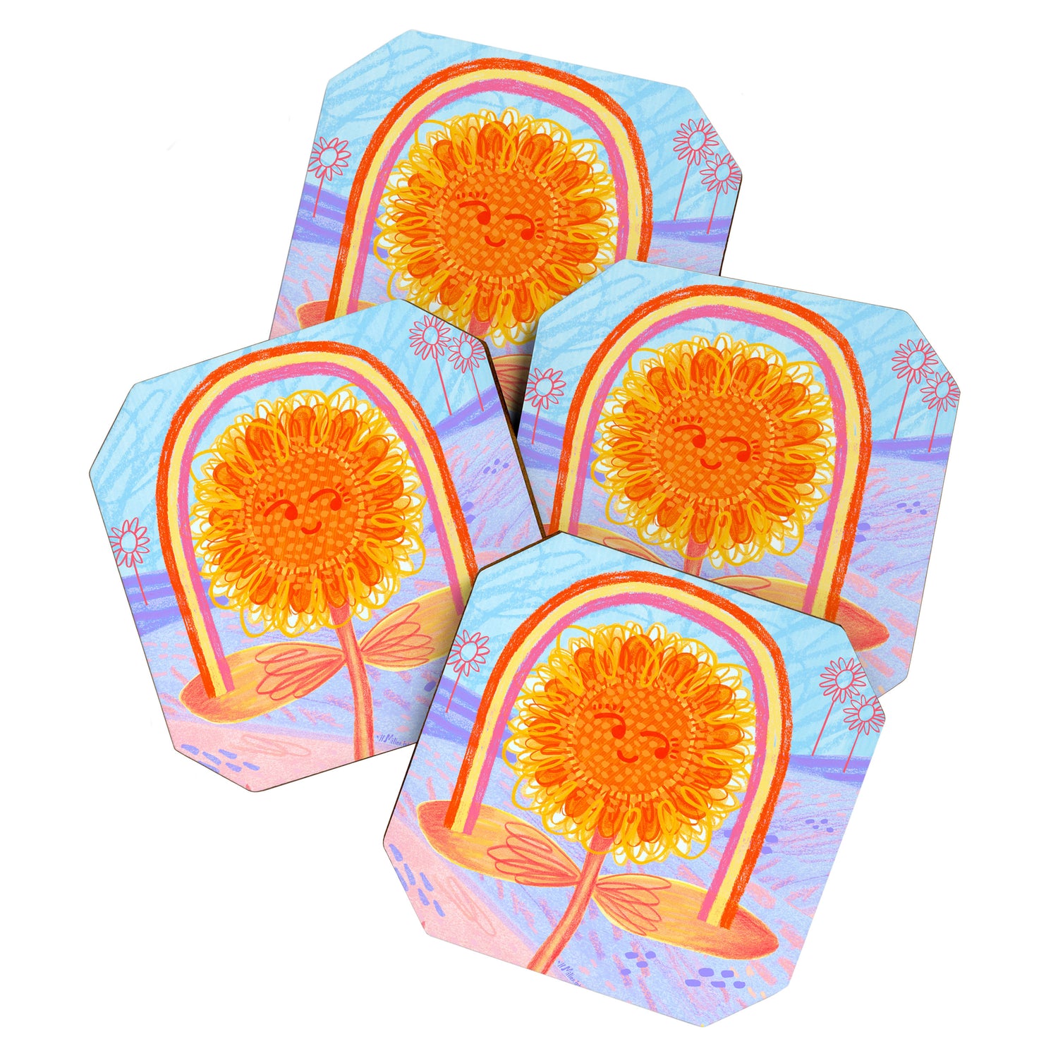 Retro Sunflower & Rainbow in Blue & Pink Coaster Gallery Image 1