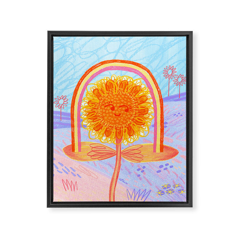 Retro Sunflower & Rainbow in Blue & Pink Framed Canvas Print Gallery Image 6
