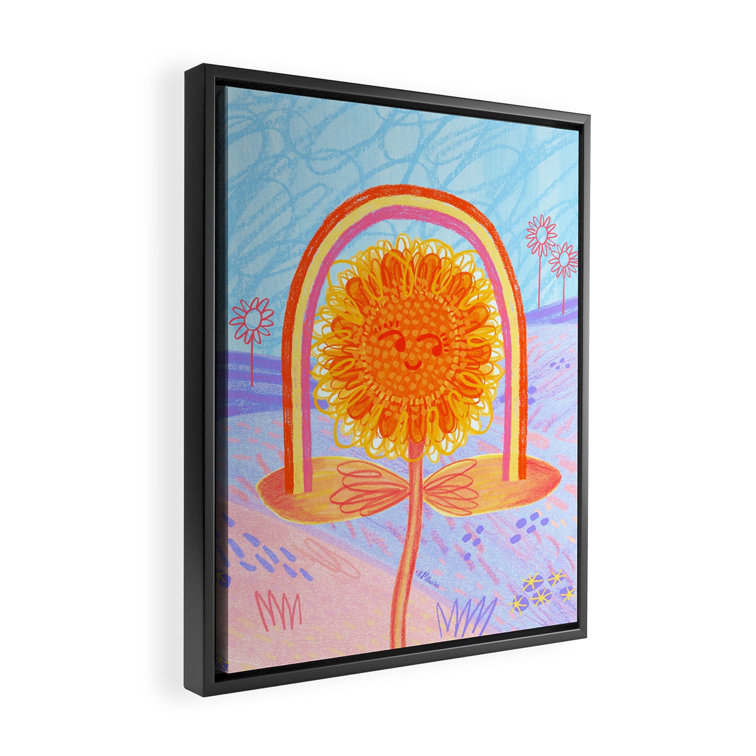Retro Sunflower & Rainbow in Blue & Pink Framed Canvas Print Gallery Image 2
