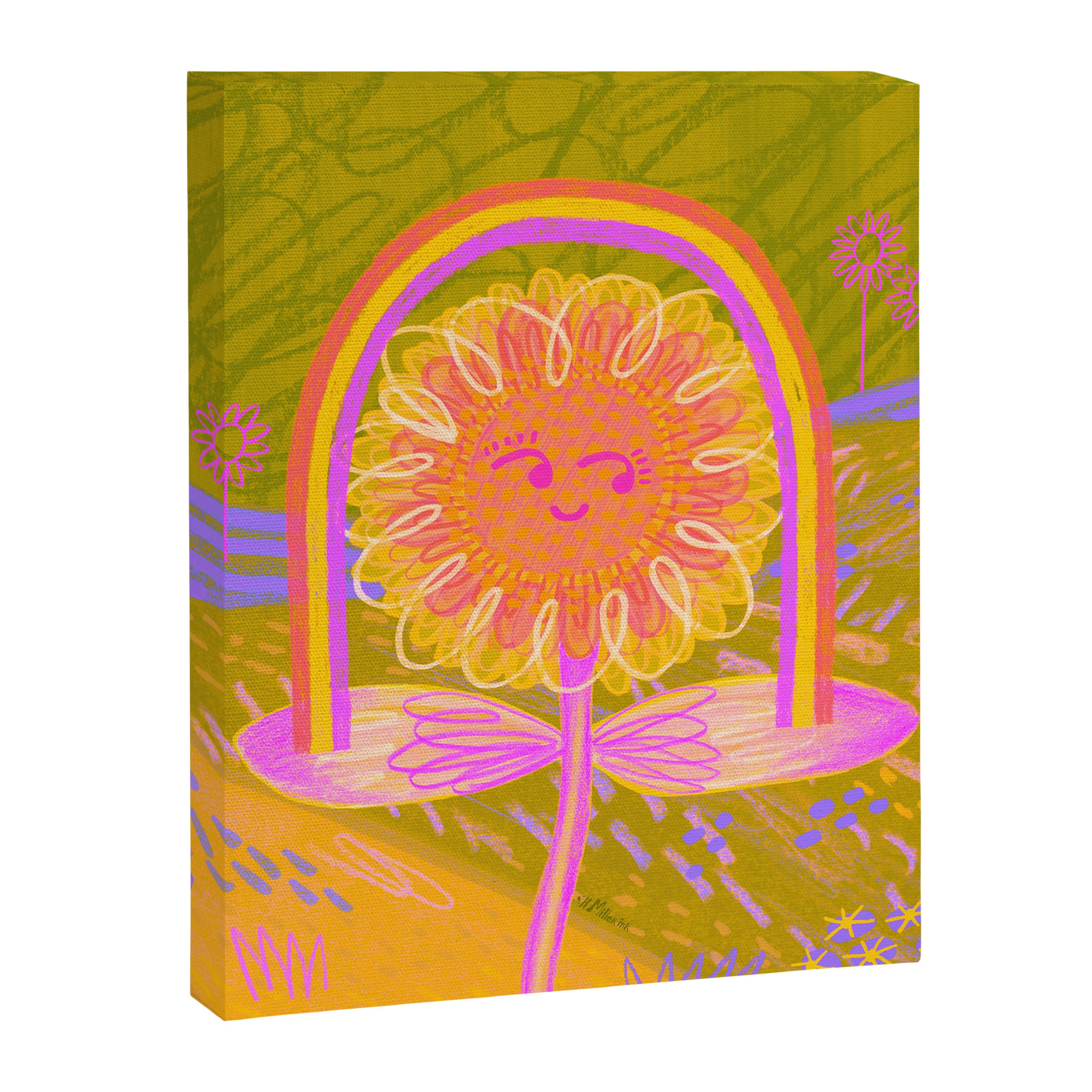 Retro Sunflower & Rainbow in Green & Pink Canvas Print Gallery Image 6