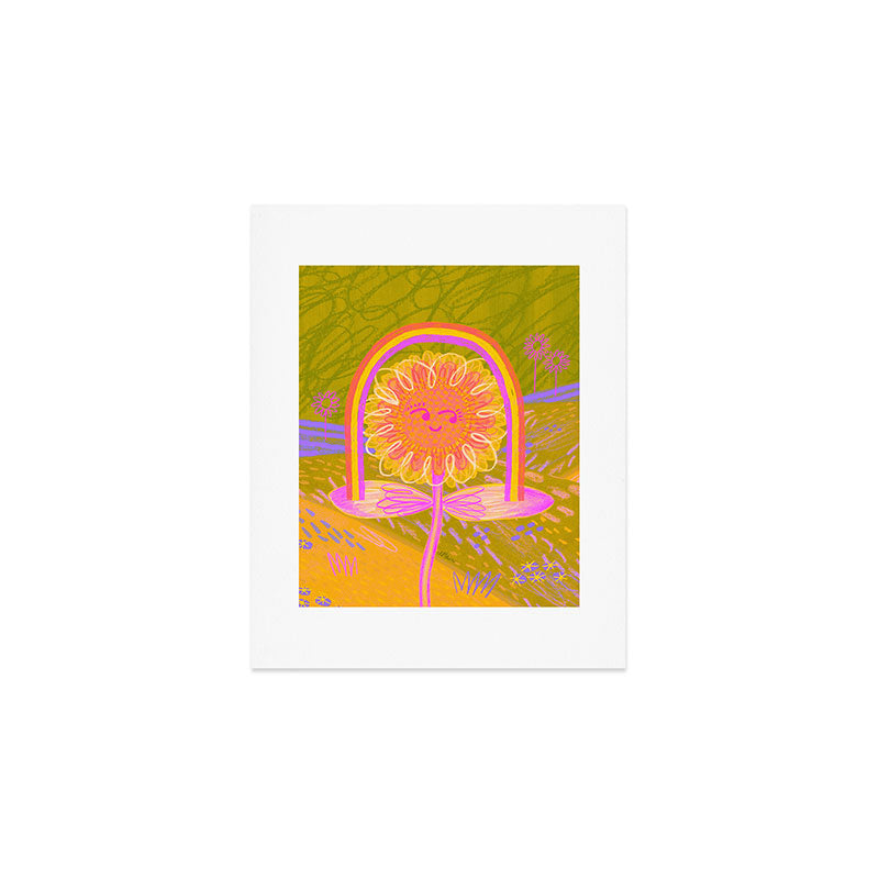Retro Sunflower & Rainbow in Green & Pink Art Print Gallery Image 1