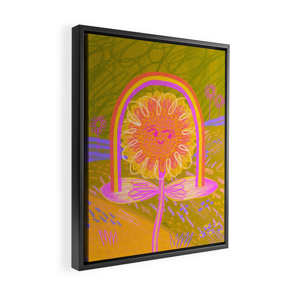 Retro Sunflower & Rainbow in Green & Pink Framed Canvas Print Gallery Image 2